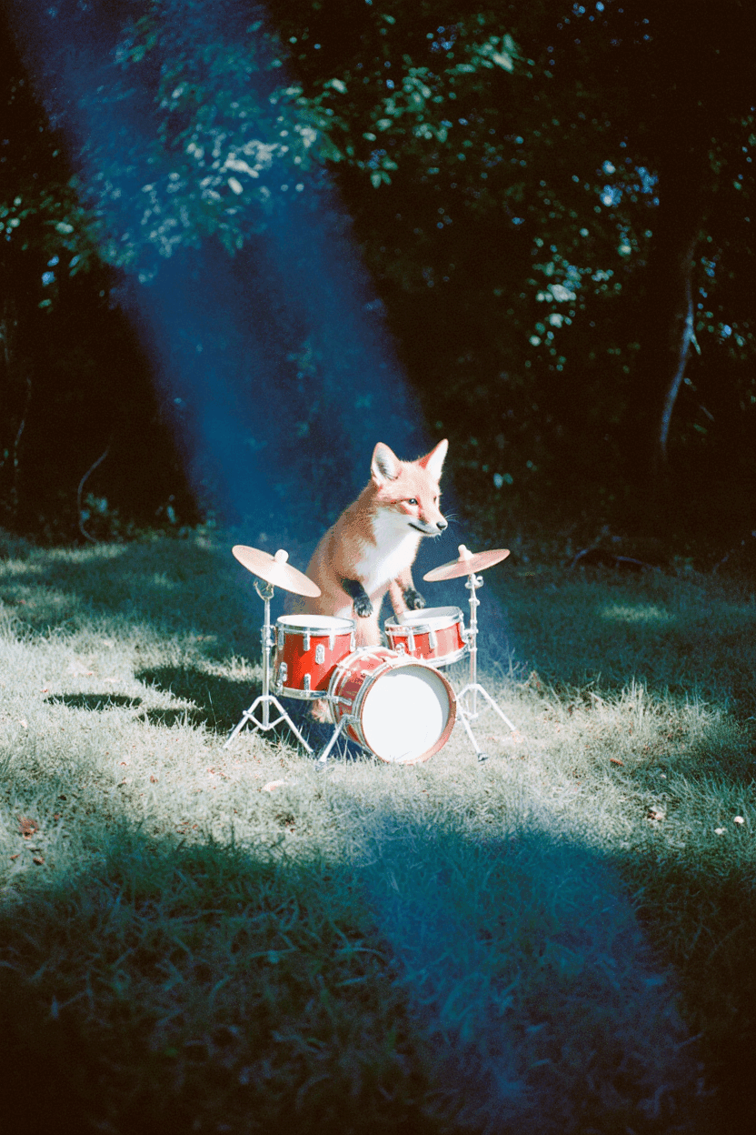 Qwen Image a fox playing the drums